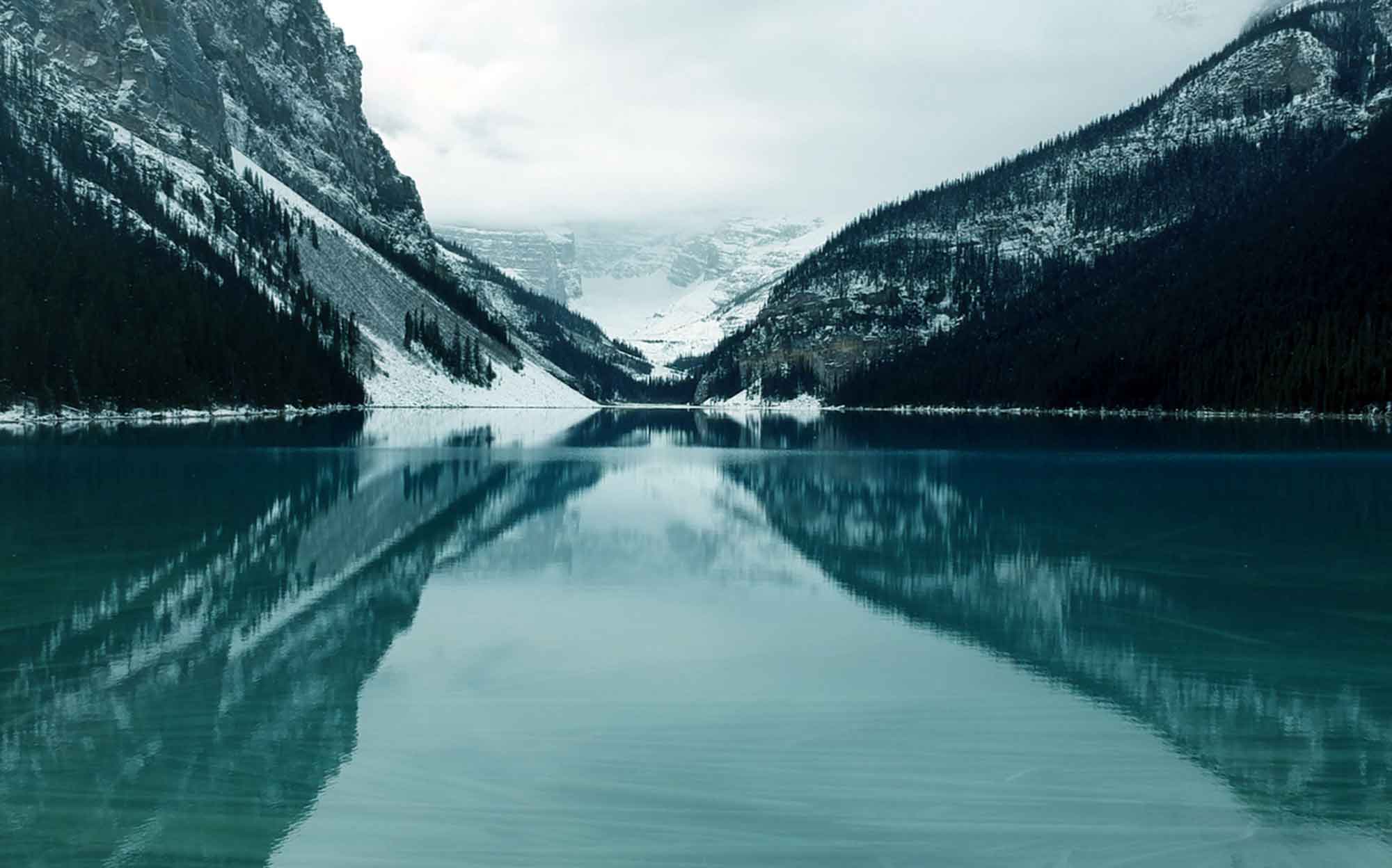 Lake Louise on a cloudy winter day.
